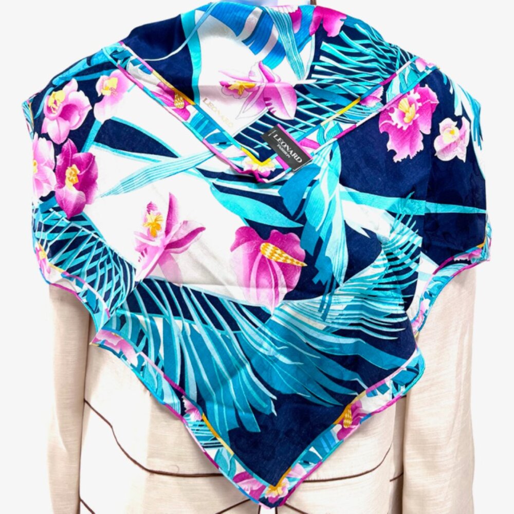 New Tag On Leonard  Scarf Cotton/Silk 22"  Black Blue Green Pink floral (54) - Picture 2 of 7
